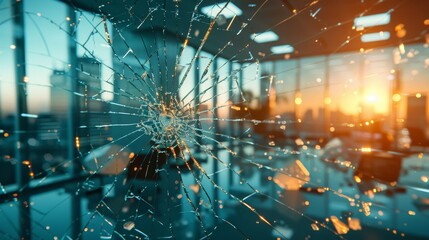 Close up of shattered office window pane, broken glass   vandalism or accident concept