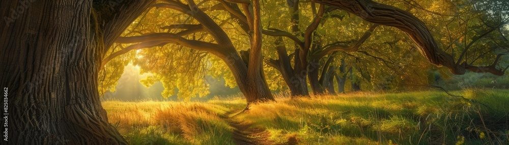 Poster a beautiful forest scene with sunlight filtering through the trees, creating a serene and peaceful a