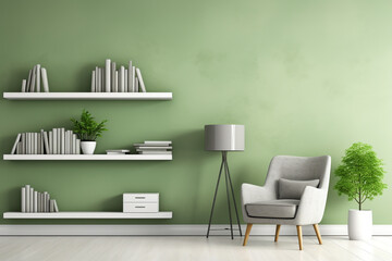 A lush green accent chair against a light grey rug, amidst modern white shelves displaying chic decorative pieces, an empty white frame mockup enhancing the wall.