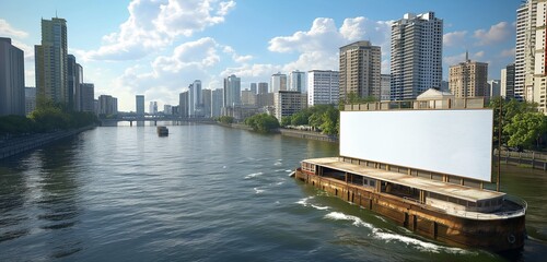 A floating blank billboard on a barge traveling slowly along a major river running through a...
