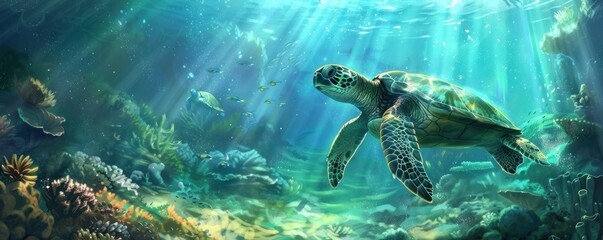 Naklejka premium Illustration of a serene underwater scene with a sea turtle swimming