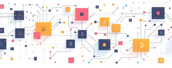 Abstract digital network illustration with colorful geometric shapes and connecting lines, representing modern technology and data flow.