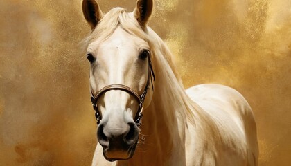 A tranquil white horse is gracefully portrayed against a textured golden backdrop, radiating peace...