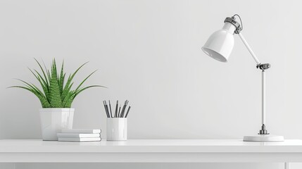 Minimalist white desk with books, stationery and lamp on empty wall background. Trendy home office interior design of modern work space in a studio apartment.