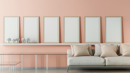 A floating shelf displaying a row of slim frame mockups against a pastel-hued wall, with a modern minimalist couch and clear glass tables in a serene living room.