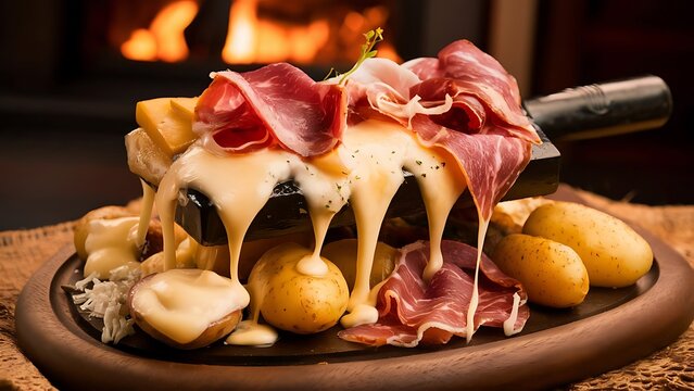 A mouth-watering food photograph showcasing a raclette dish