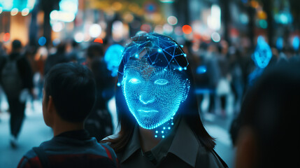 Person being identified on the street by a facial recognition system.