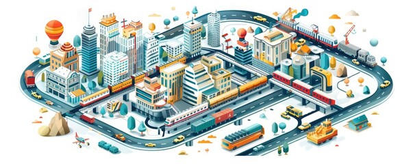 Fototapeta premium Colorful isometric cityscape with bustling transportation and modern buildings, featuring trains, cars, and hot air balloons in a livley urban setting.