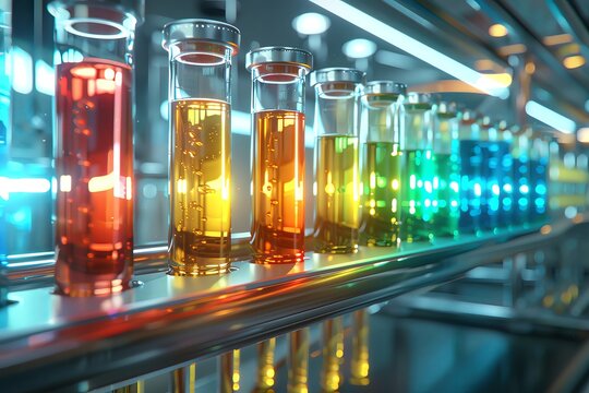Colorful chemically colored liquid in test tubes on shelf, in a laboratory background, a futuristic concept of science and technology innovation, rendered in the style of octane.