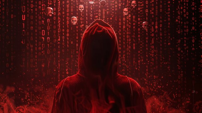 Silhouette of a hacker in a red hoodie against a backdrop of binary code and digital skulls, dark web theme, cybersecurity concept - Powered by Adobe