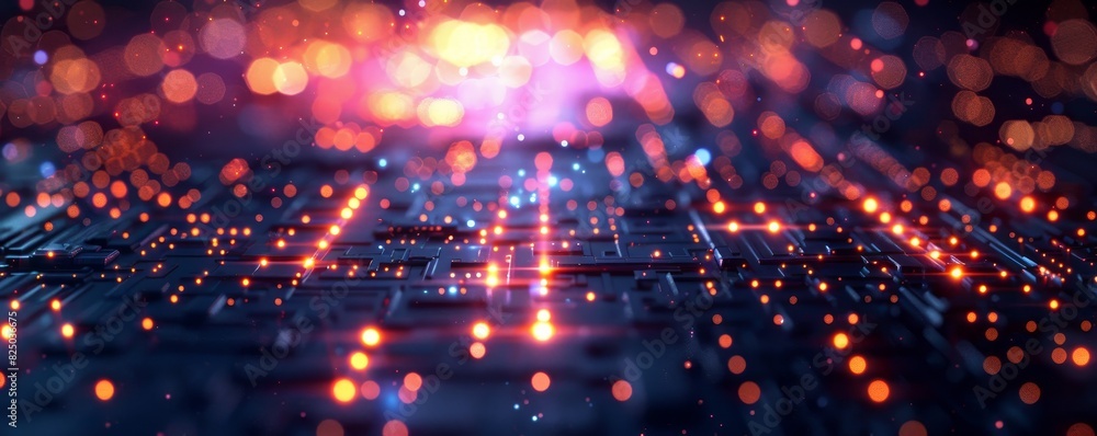 Poster futuristic digital technology background with metallic textures and glowing elements.