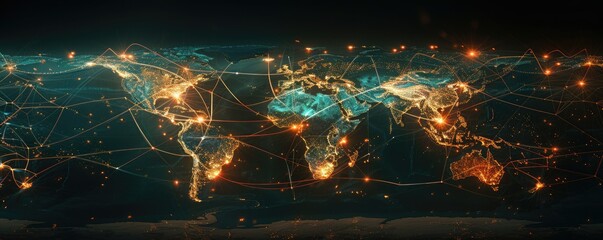 Connected world map with glowing lines and nodes, representing global communication and technology networks. Bright and futuristic.