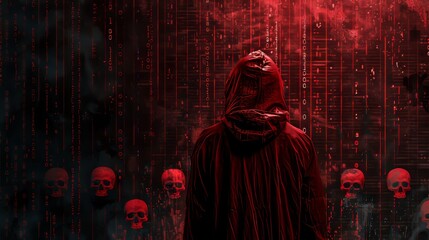 Silhouette of a hacker in a red hoodie against a backdrop of binary code and digital skulls, dark web theme, cybersecurity concept