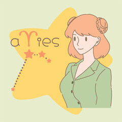 Woman with hair double buns, wearing shirt. Aries zodiac, astrological sign, constellation, word and star. Hand drawn flat cartoon character vector illustration.