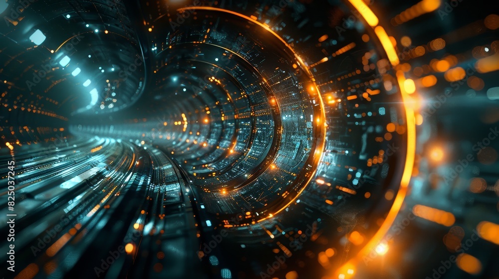 Poster futuristic digital technology background with metallic textures and glowing elements.