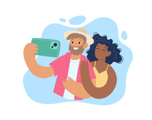 Travel destinations summer. Happy couple taking a selfie with a smartphone. Concept vector illustration