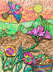 Inca Aztec and Maya Peruvian Landscape with Traditional Food, Colorful Peru Pyramid, Native Peruvian Culture and Civilization, Colorful Illustration