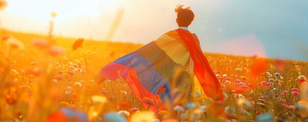 Confident LGBTQ individual wearing a pride flag as a cape, standing in a field of flowers, sunlight filtering through, strong pose, vibrant colors, isolated on nature background, copy space.
