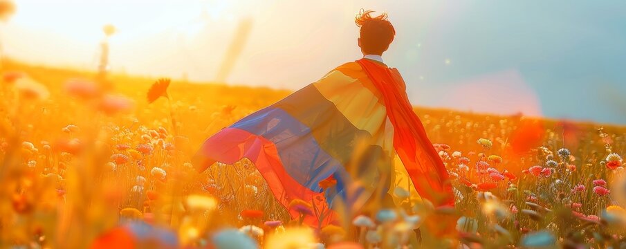 Confident LGBTQ individual wearing a pride flag as a cape, standing in a field of flowers, sunlight filtering through, strong pose, vibrant colors, isolated on nature background, copy space.