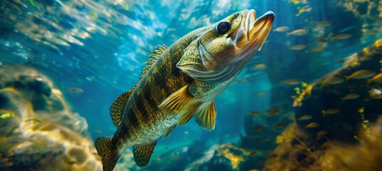 Huge bass emerges majestically at sunrise from calm waters near tranquil woodland edge