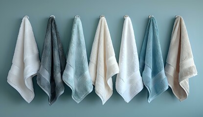 
Assorted pastel towels hanging neatly, ideal for home decor, bathroom styling, and interior design inspiration.