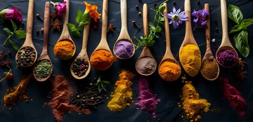 Tableau sur plexiglas Cuisine Assorted spices in wooden spoons with herbs and flowers, perfect for culinary blogs, food marketing, and recipe inspirations.  © Yuliia
