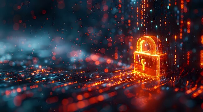A luminous orange padlock symbolizing cybersecurity amidst a digital matrix of blue and red data streams. Ideal for illustrating online security, data protection, and digital encryption themes.
