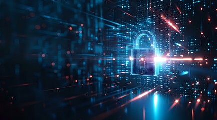 Glowing digital padlock surrounded by abstract data streams, symbolizing cybersecurity and data protection. Ideal for tech backgrounds, cybersecurity themes, and digital security presentations.