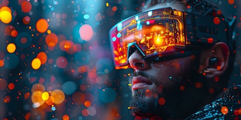 
Close-up of a man wearing futuristic augmented reality glasses with glowing orange and blue light effects, symbolizing advanced technology and virtual reality. Ideal for tech themes, digital art,