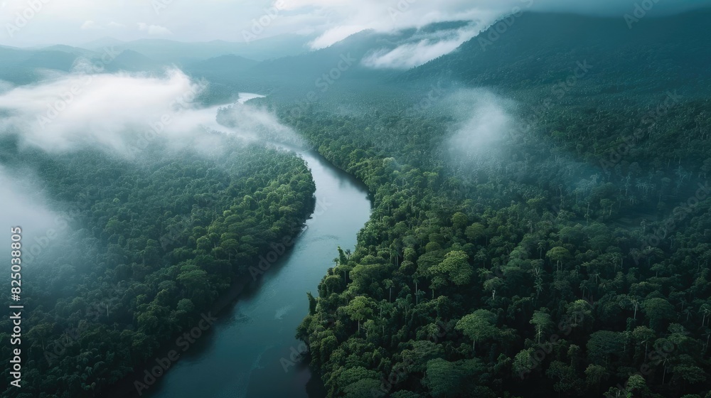 Poster aerial view of a misty forest with a winding river and mountains in the background, creating a seren