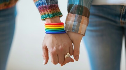 Loving LGBTQ couple holding hands, matching rainbow bracelets, close-up, isolated on white background, focus on hands, tender moment, copy space.