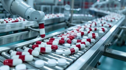 Obraz premium Pills traveling on a conveyor in a pharmaceutical manufacturing plant, robotic arms managing the flow