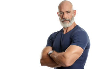 Bald Man in Blue T-Shirt with Arms Crossed