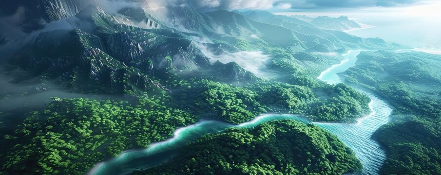 Aerial view of a lush green tropical rainforest with a winding river and misty mountains in the background under a partly cloudy sky