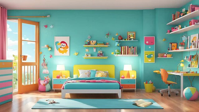 interior of children's room, cartoon animation style. Seamless looping 4k time-lapse virtual video animation background