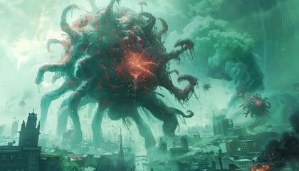 Fantasy depiction of contagion creatures attacking a city, Fantasy, Vivid Colors, Illustration, Showcasing a mythical outbreak