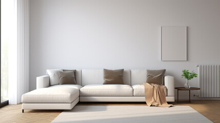 A minimalist living room in shades of white and light gray, featuring a low-profile white sectional sofa and a blank white frame mockup leaning against the wall.