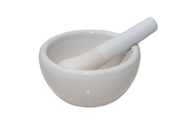White ceramic mortar and pestle isolated on transparent background, traditional kitchen and laboratory tool for grinding herbs, spices, and medicine
