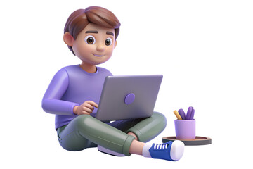 Young colorful boy studying online with laptop, Plastic 3D, illustration. White isolated background. full body.
