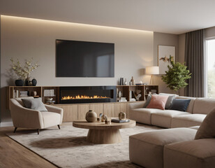 3D render of a modern living room interior, emphasizing comfort and style. Incorporate sleek furniture, a neutral color palette with pops of color, ambient lighting, tasteful décor
