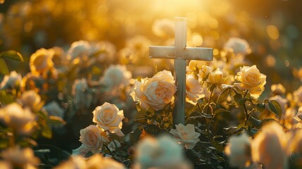 a chrome cross surrounded by white and yellow roses, cinematic, golden hour, god rays, backlit