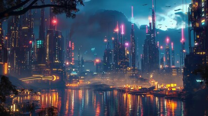 A futuristic metropolis illuminated by AI-controlled lighting systems that dynamically adjust brightness and color temperature based on environmental factors and human activity patterns.