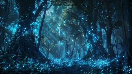 a night forest with many blue glowing mushrooms on the ground.