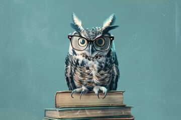 Illustration of an owl wearing glasses sitting on a stack of books