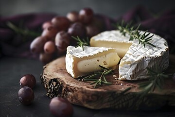 Ripe camembert cheese on a vintage wooden breadboard with red grapes in the background. - Powered by Adobe
