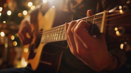 Fototapeta premium A close-up shot of hands playing an acoustic guitar, with a blurred background showing musical instruments and a dimly lit room. 