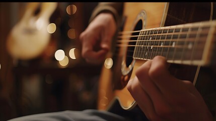 Obraz premium A close-up shot of hands playing an acoustic guitar, with a blurred background showing musical instruments and a dimly lit room. 