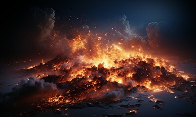 Massive Fire Pile Burning in Dark Night