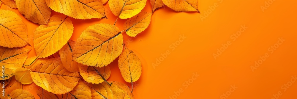 Poster top view of vibrant autumn leaves on orange background with ample space for adding text