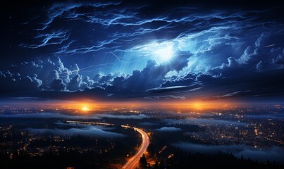 City Night View With Clouds and Lightning